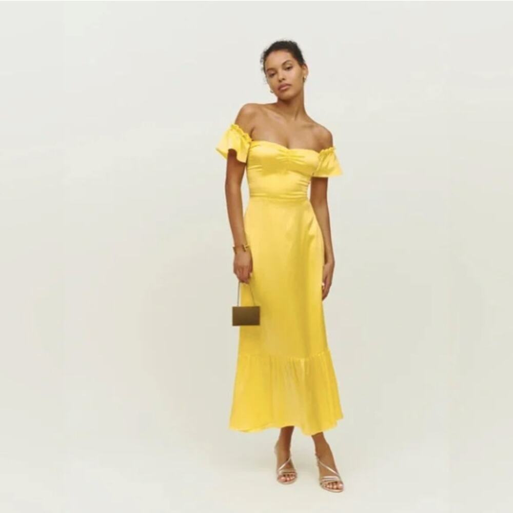 NWT Reformation Sianna Off The Shoulder Silk Midi Dress Lemon Lily Yellow Size 2